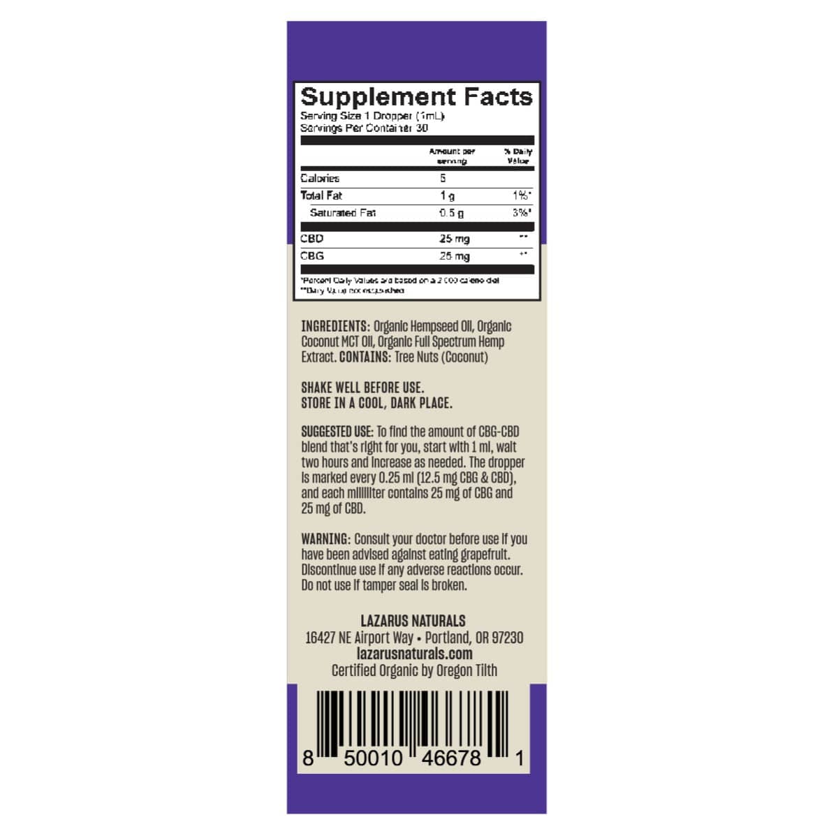 Organic CBD + CBG Tincture 25MG (120mL) - Lazarus Naturals - Lazarus Naturals