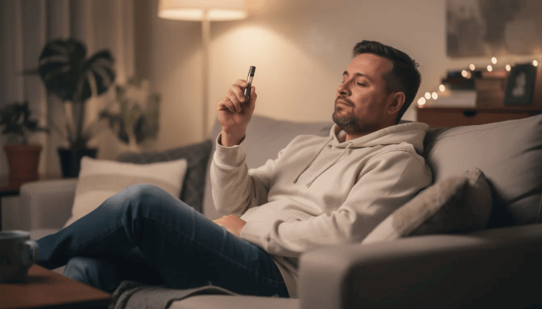A person is holding a disposable THC vape pen in a relaxed indoor setting, showcasing its discreet design and convenient use for on-the-go vaping. The warm ambiance highlights the vaping experience, emphasizing the ease of inhaling vapor from this handy device.
