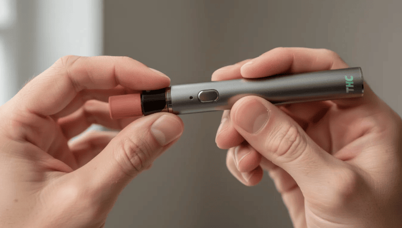 A close-up image shows hands carefully removing the protective cap from a disposable THC vape pen, highlighting its discreet design and portable nature for on-the-go vaping. The focus on the hands emphasizes the ease of use and convenience that disposable vape pens offer for a better vaping experience.